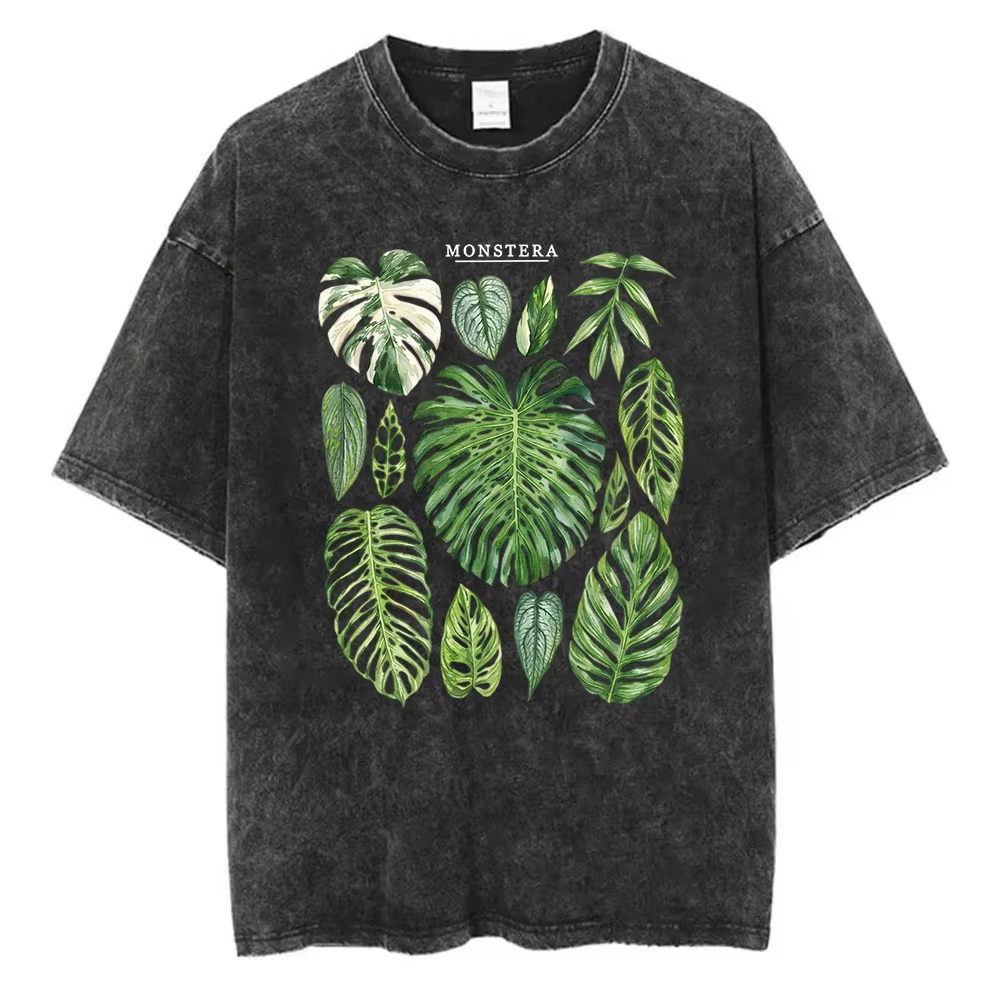 Acid Wash Vintage Graphic T Shirt - T-shirt graphique Feuilles de Monstera en